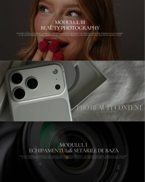 Colaj din Pro Beauty Content Academy: portret beauty, telefon si obiectiv foto, ilustrand modulele de fotografie si echipament.