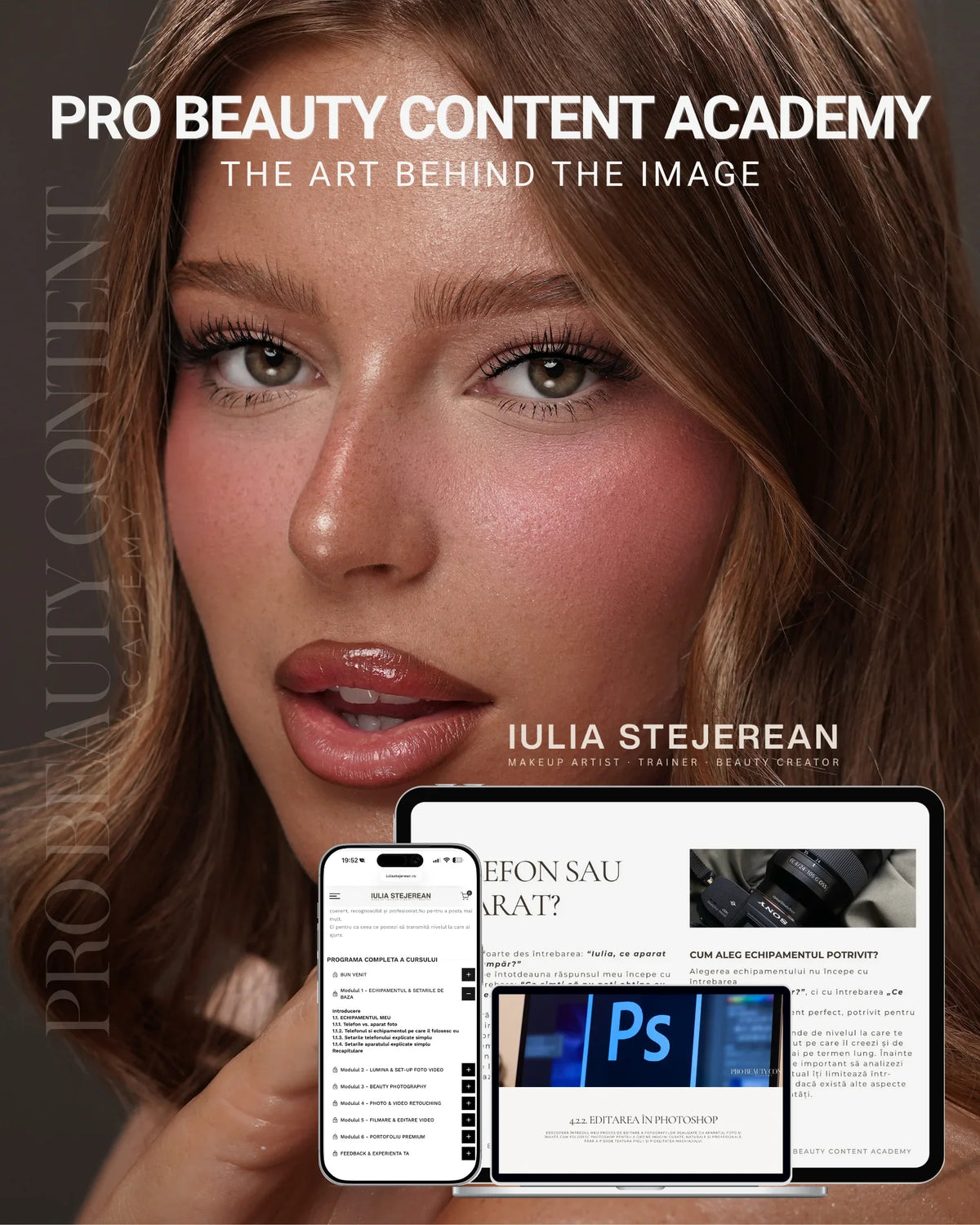 Coperta cursului Pro Beauty Content Academy de Iulia Stejerean, cu portret beauty si previzualizari ale lectiilor pe dispozitive.